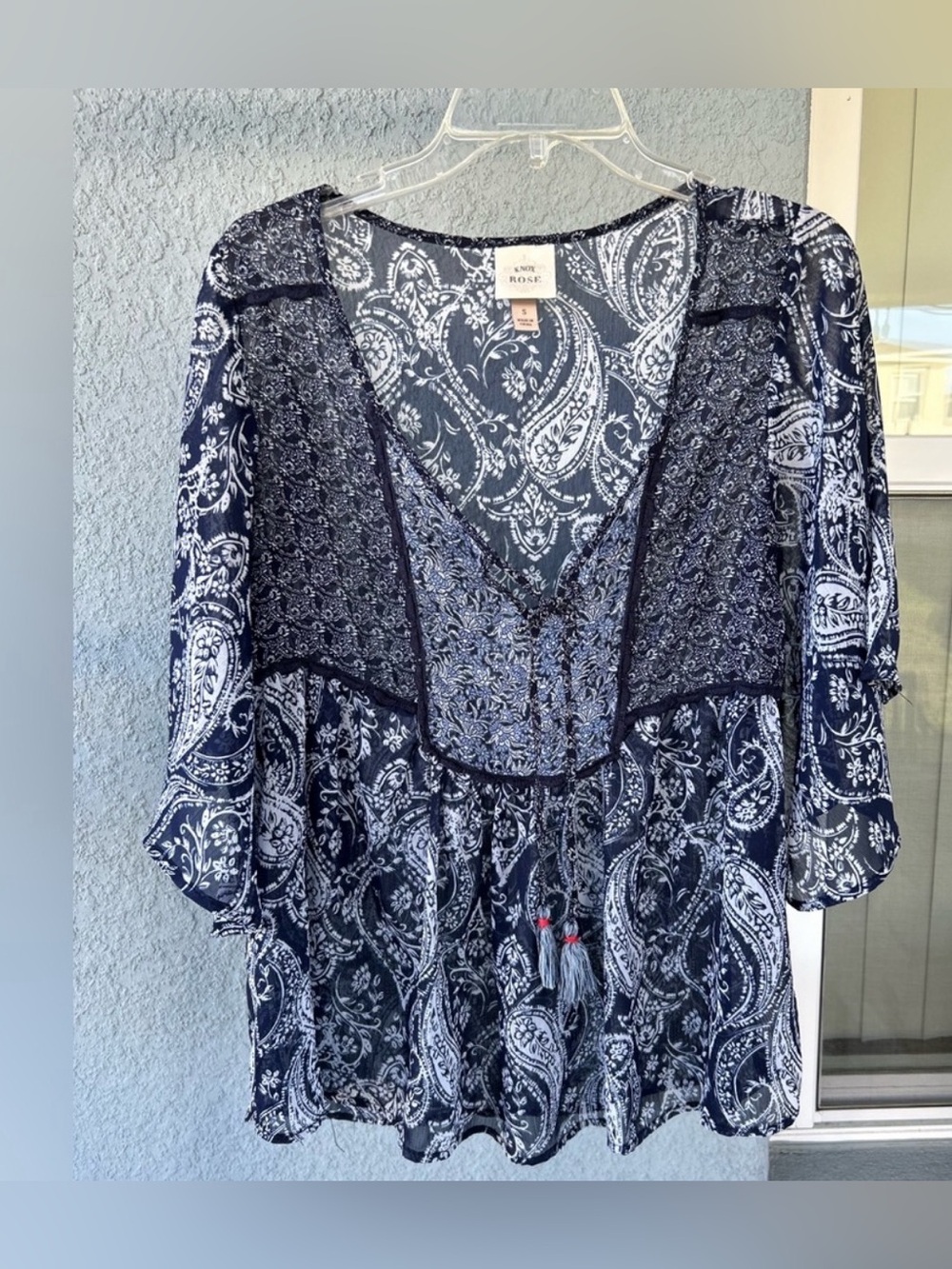 Knox Rose Slightly Sheer Tassel Tie Paisley Bobo Oversized Top Size Small